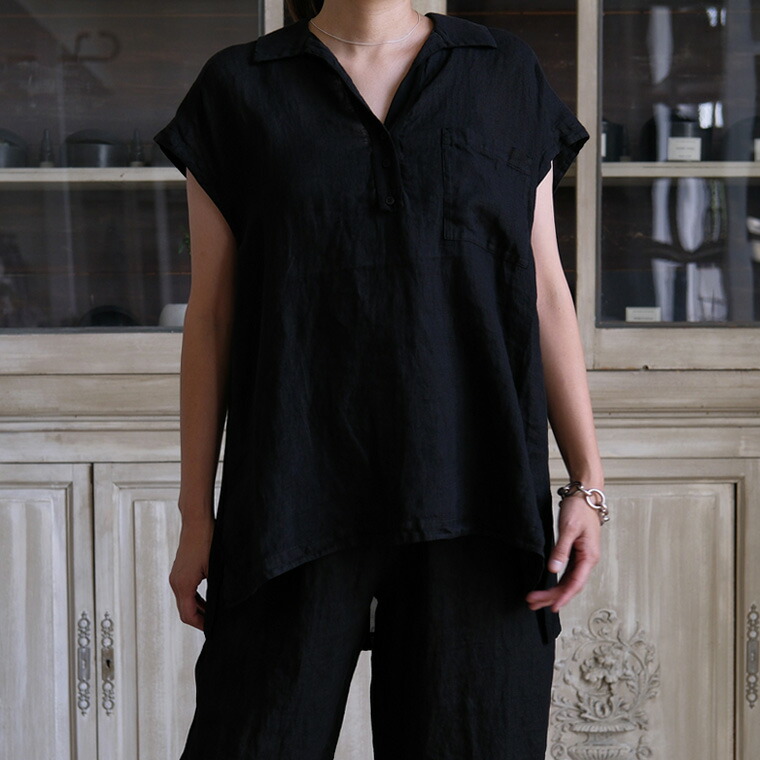 TRANSIT PAR-SUCH 26SS リネン×人絹前後うつり変わりシャツカラースリーブレスブラウス【全2色】