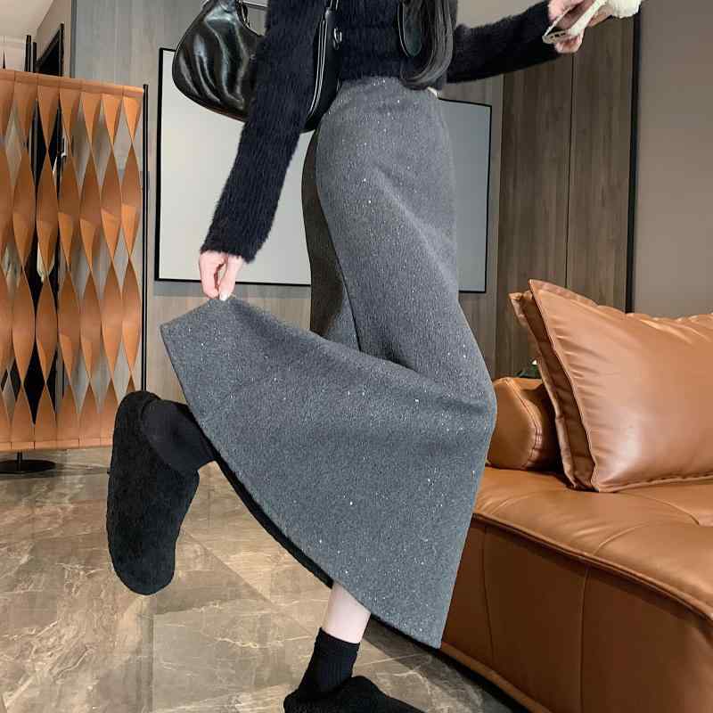 春 コーデ レディース ファッション オシャレ カワイイ シンプル きれいめ ナチュラル 上品カジュアル 婦人服 グレー スパンコール ウール スカート フィッシュテール ハイウエスト スリムフィット スーツ ロング