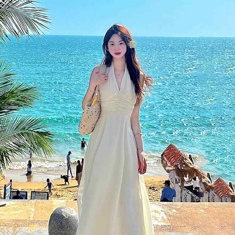 春 コーデ レディース ファッション オシャレ カワイイ シンプル きれいめ ナチュラル 上品カジュアル 婦人服 ノースリーブ Vネック ホルターネック ドレス 夏 ウエスト スリム フェアリー