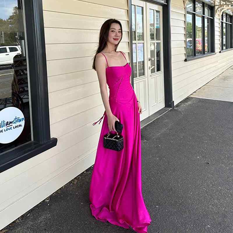 春 コーデ レディース ファッション オシャレ カワイイ シンプル きれいめ ナチュラル 上品カジュアル 婦人服 スリング ドレス ハイエンド ウエスト スリム ロング パーティー