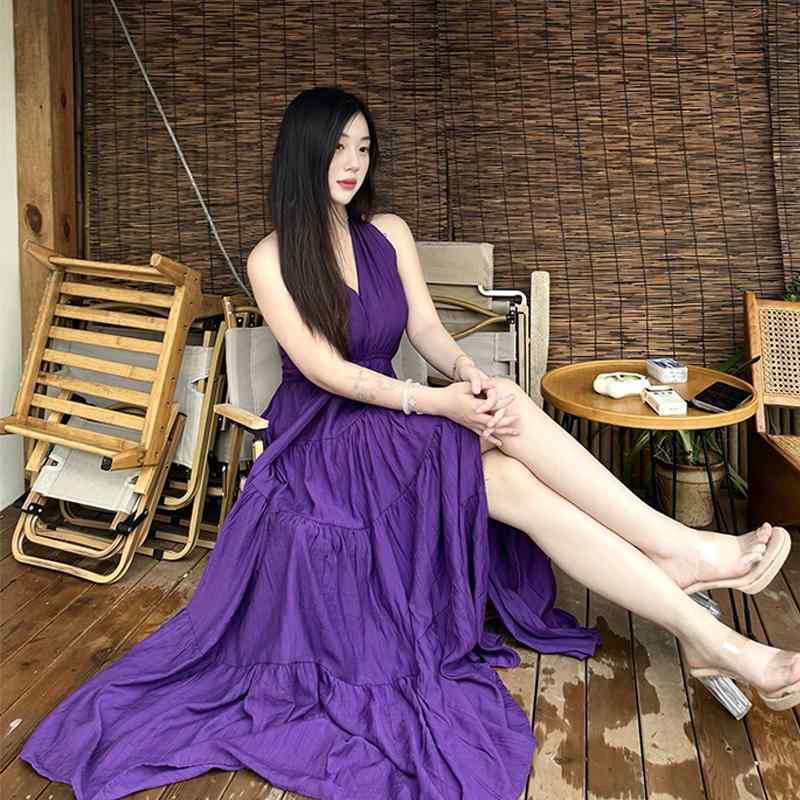 春 コーデ レディース ファッション オシャレ カワイイ シンプル きれいめ ナチュラル 上品カジュアル 婦人服 夏 海辺 スカート ハイエンド フレンチ ホルターネック ホリデー ドレス