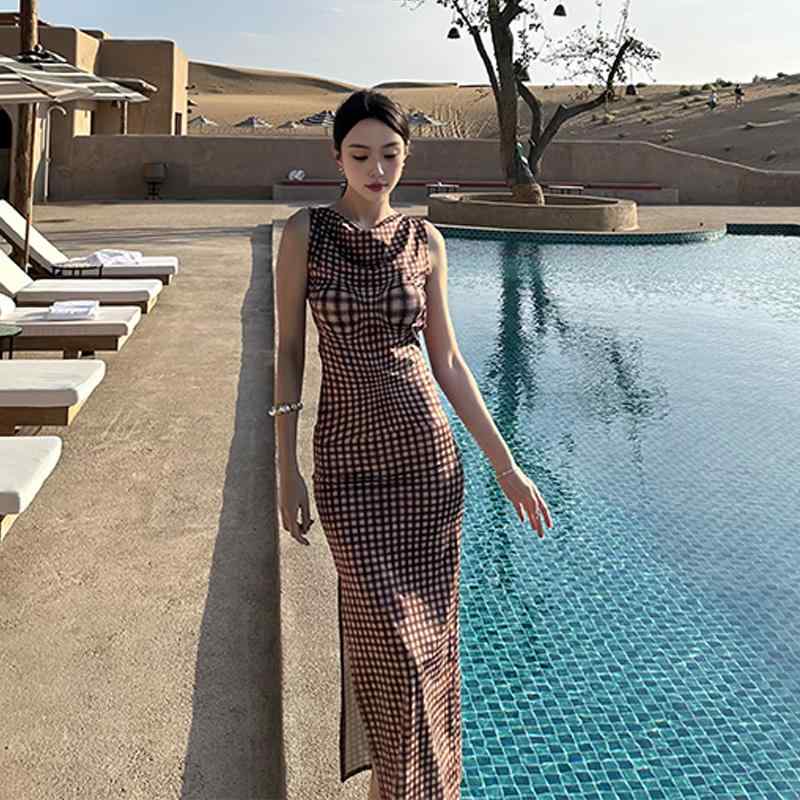 春 コーデ レディース ファッション オシャレ カワイイ シンプル きれいめ ナチュラル 上品カジュアル 婦人服 アメリカン スイング カラー ドレス チェック スリムフィット ロング スカート 旅行