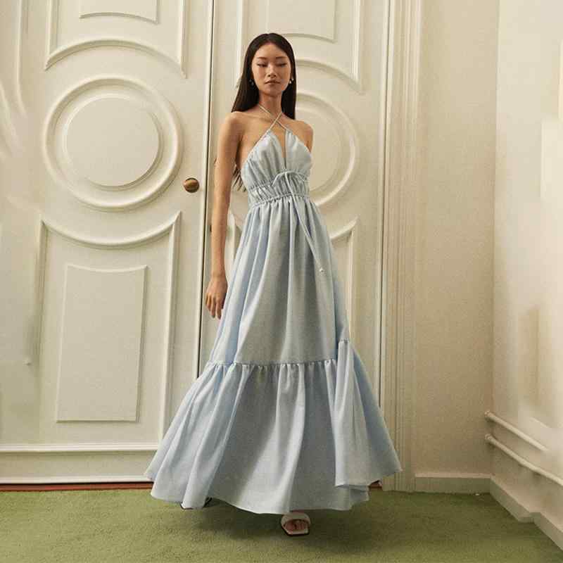 春 コーデ レディース ファッション オシャレ カワイイ シンプル きれいめ ナチュラル 上品カジュアル 婦人服 海辺 バカンス バケーション ドレス ブルー ワンピース ハイエンド ロング スカート 夏