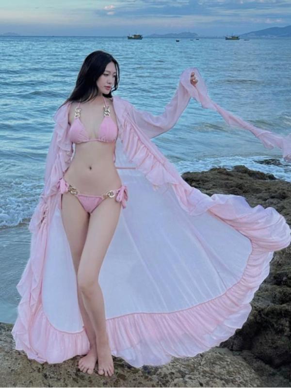 春 コーデ レディース ファッション オシャレ カワイイ シンプル きれいめ ナチュラル 上品カジュアル 婦人服 フリル ロング トップス 海辺 日焼け防止 ジャケット バカンス バケーション スカート 夏