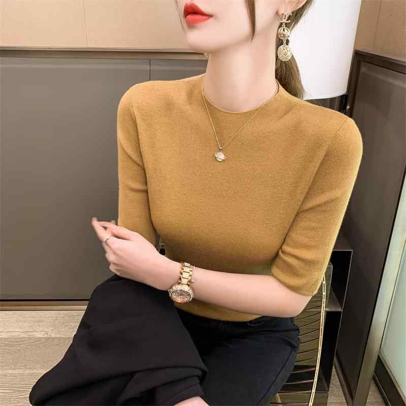 春 コーデ レディース ファッション オシャレ カワイイ シンプル きれいめ ナチュラル 上品カジュアル 婦人服 ハーフ タートルネック 無地 スリムフィット ミッド スリーブ ウール セーター 薄手 ベース レイヤー 七分袖 トップス