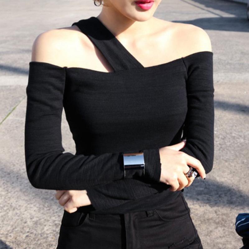 春 コーデ レディース ファッション オシャレ カワイイ シンプル きれいめ ナチュラル 上品カジュアル 婦人服 襟 オフショルダー トップス 長袖 タイト Tシャツ コットン スリム