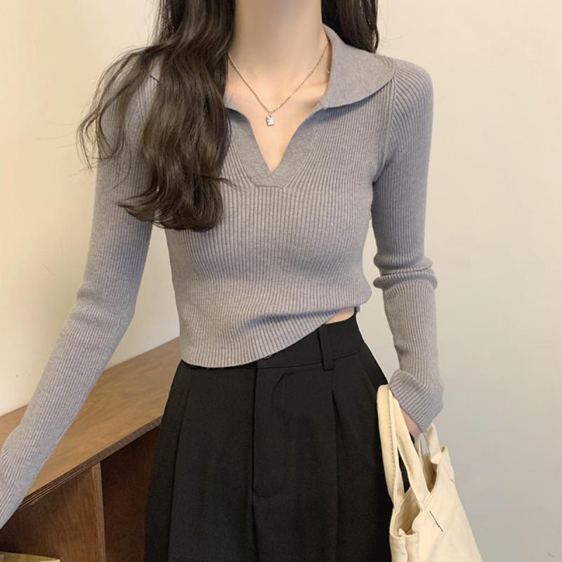 春 コーデ レディース ファッション オシャレ カワイイ シンプル きれいめ ナチュラル 上品カジュアル 婦人服 Vネック シャツ ポロ ネック セーター スリムフィット ウエスト トップス