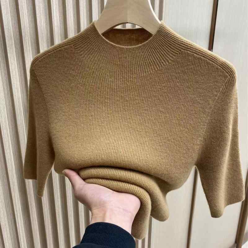 春 コーデ レディース ファッション オシャレ カワイイ シンプル きれいめ ナチュラル 上品カジュアル 婦人服 ウール ハーフ タートルネック ミッド スリーブ ニット シャツ 五分袖 タイト インナー 薄手 セーター