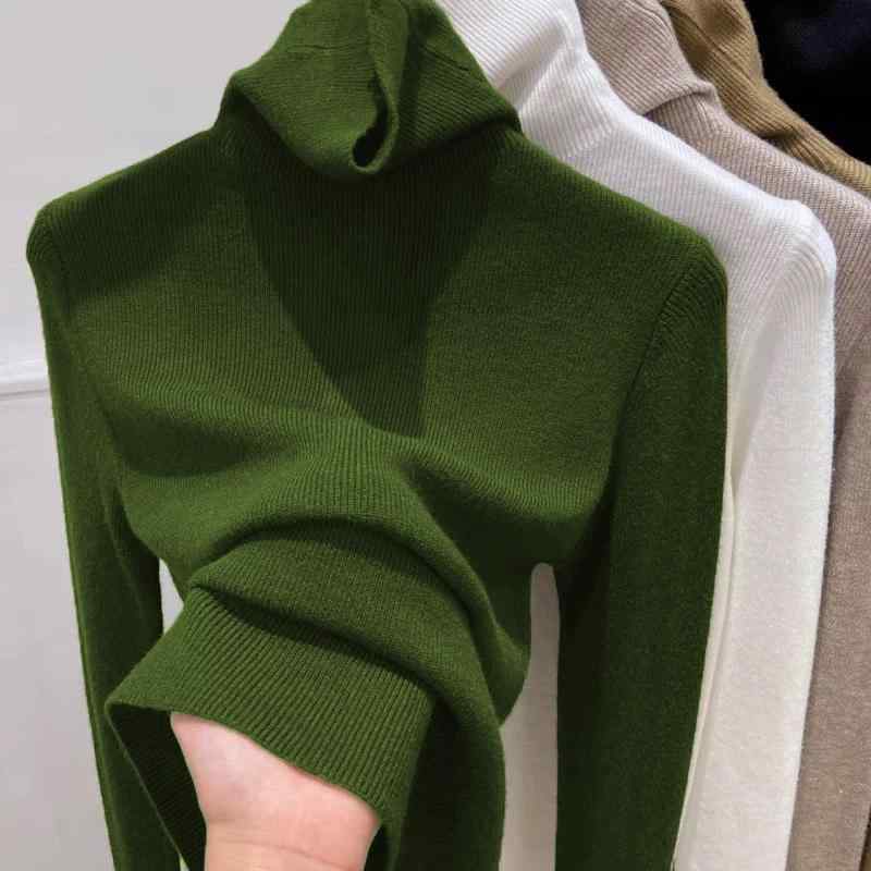 春 コーデ レディース ファッション オシャレ カワイイ シンプル きれいめ ナチュラル 上品カジュアル 婦人服 グリーン セーター スリムフィット パイル カラー シャツ トップス ハイネック