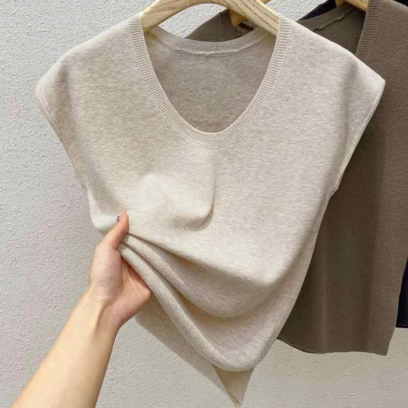 春 コーデ レディース ファッション オシャレ カワイイ シンプル きれいめ ナチュラル 上品カジュアル 婦人服 ニット ノースリーブ チョッキ ベスト 夏 ソフト インナーシャツ Uネック トップス