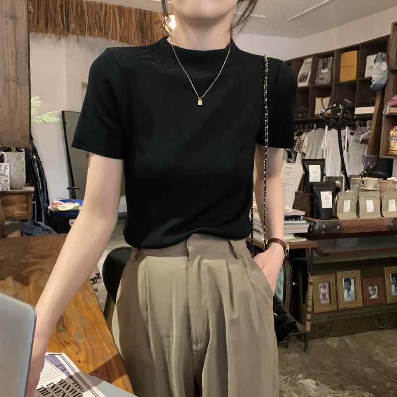 春 コーデ レディース ファッション オシャレ カワイイ シンプル きれいめ ナチュラル 上品カジュアル 婦人服 夏 薄手 半袖 ニット Tシャツ スリム ストレート ショルダー シンプル ハーフ タートルネック ブラック トップス