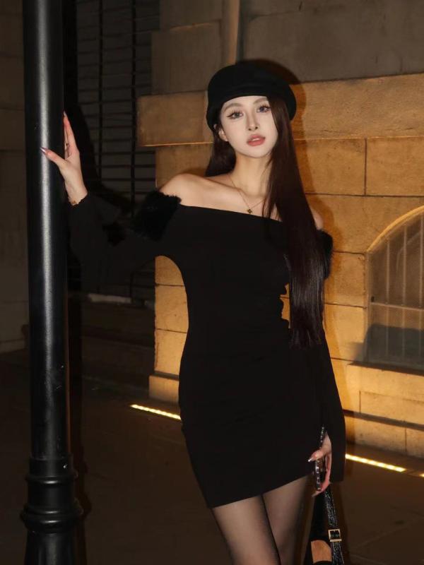 春 コーデ レディース ファッション オシャレ カワイイ シンプル きれいめ ナチュラル 上品カジュアル 婦人服 ファー 襟 ニット ドレス オフショルダー スリム スカート |リコット