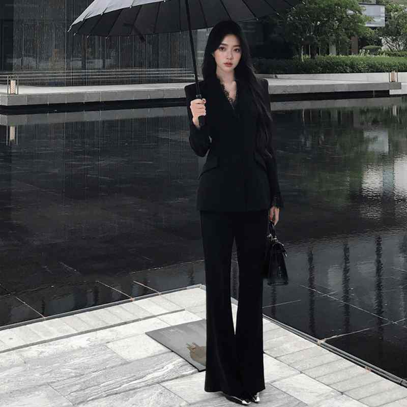 春 コーデ レディース ファッション オシャレ カワイイ シンプル きれいめ ナチュラル 上品カジュアル 婦人服 黒 レース スリム スーツ ジャケット ガールズ スリミング ミドル丈