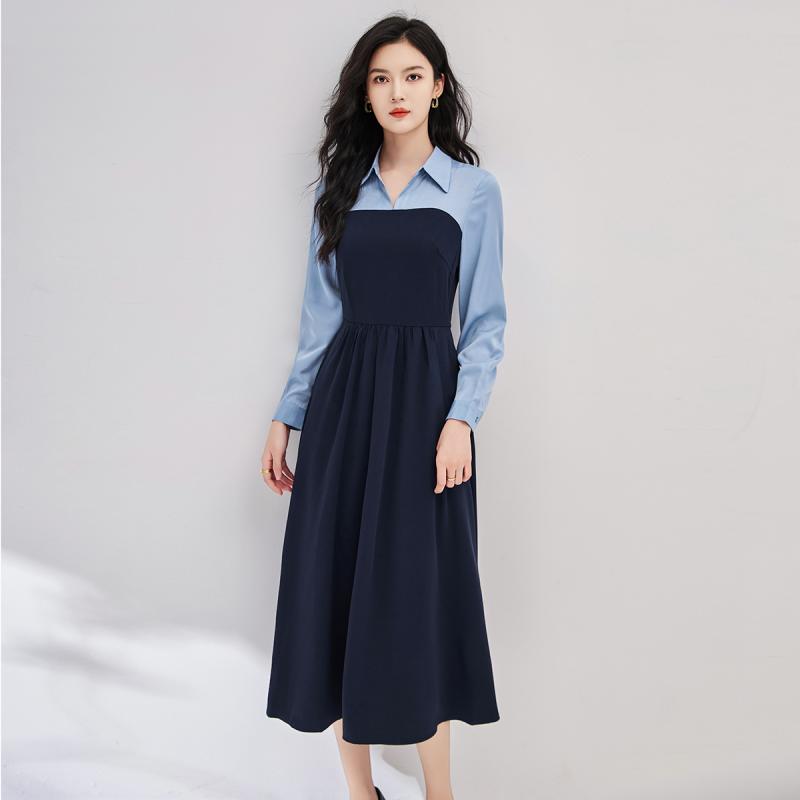 春 コーデ レディース ファッション オシャレ カワイイ シンプル きれいめ ナチュラル 上品カジュアル 婦人服 フェイク ツーピース ポロ スイング ドレス OL ウエスト ダーク ブルー Aライン スカート ｜リコット