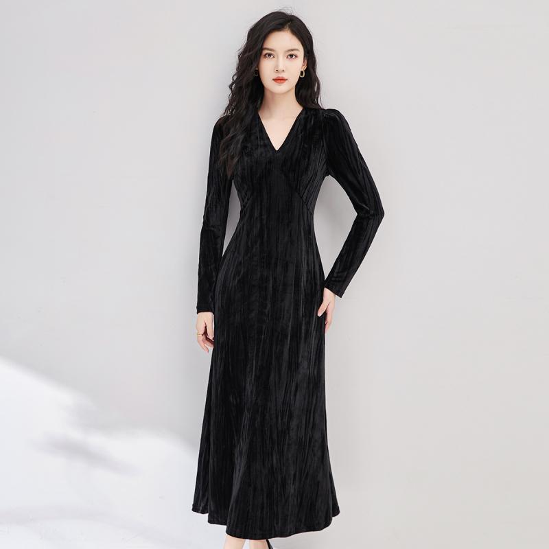 春 コーデ レディース ファッション オシャレ カワイイ シンプル きれいめ ナチュラル 上品カジュアル 婦人服 ハイエンド ベルベット Vネック スリム ブラック ドレス カバー 長袖｜リコット