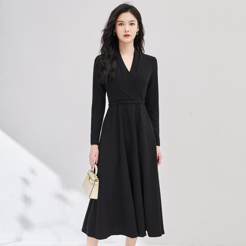 春 コーデ レディース ファッション オシャレ カワイイ シンプル きれいめ ナチュラル 上品カジュアル 婦人服 黒 Vネック ウエスト タイ ビッグ スカート ドレス 軽 スリムフィット ブラック