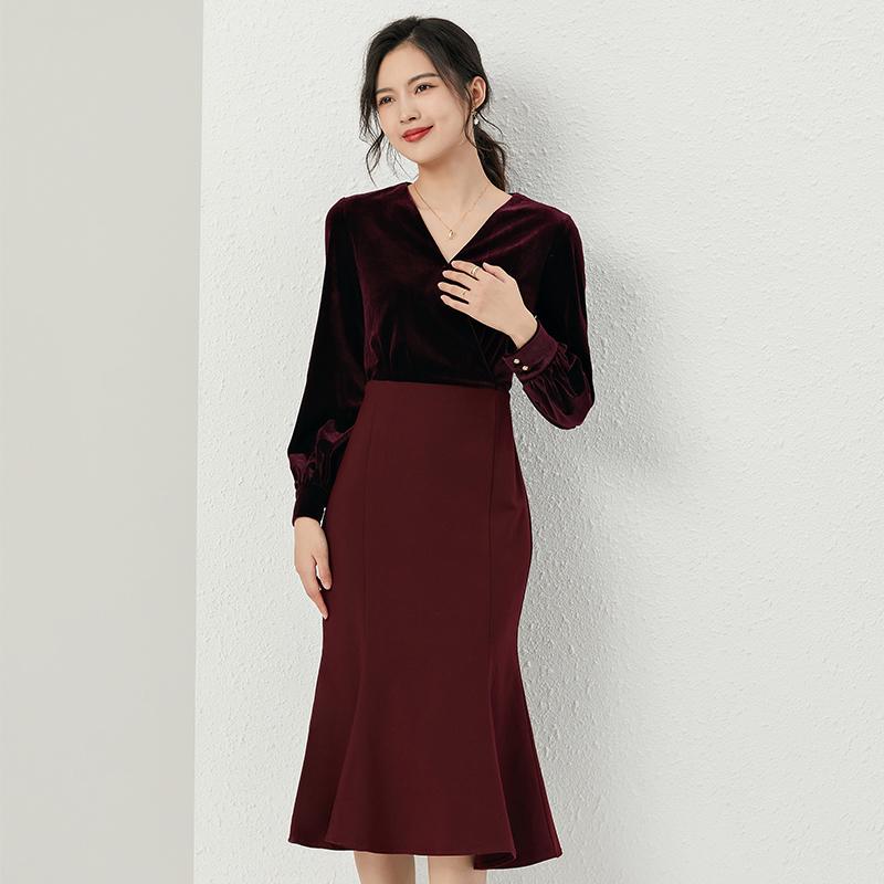 春 コーデ レディース ファッション オシャレ カワイイ シンプル きれいめ ナチュラル 上品カジュアル 婦人服 クラシック フィッシュテール スカート ドレス Vネック ベルベット ミドル丈 9,586円