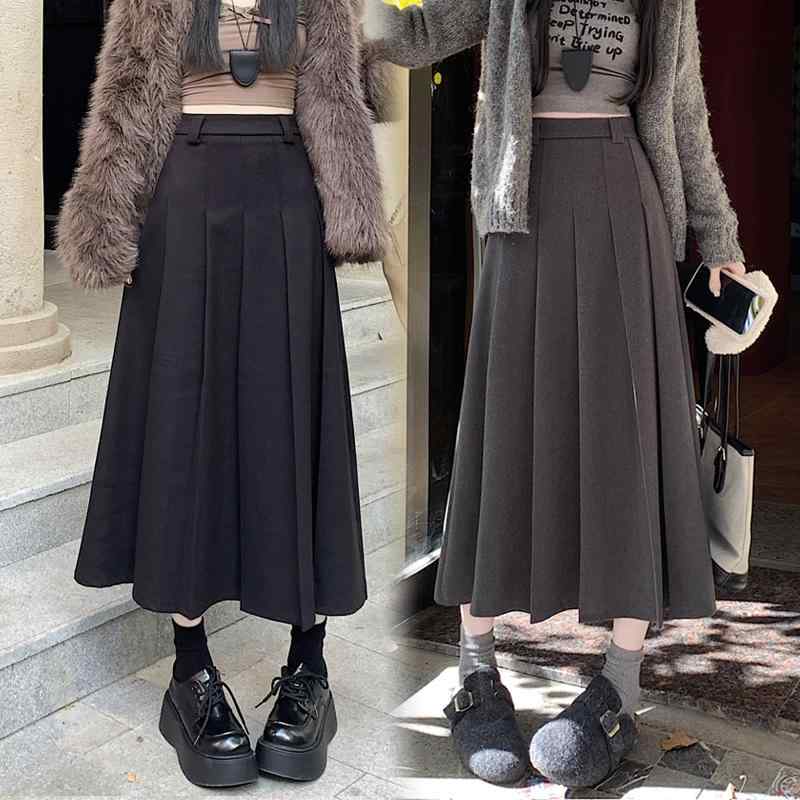 春 コーデ レディース ファッション オシャレ カワイイ シンプル きれいめ ナチュラル 上品カジュアル 婦人服 クラシック ウール プリーツスカート スカート ハイウエスト スリム Aライン ミディアム丈 アンブレラ ロング