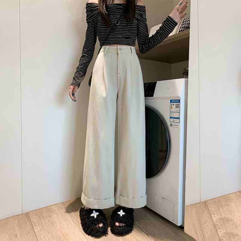 春 コーデ レディース ファッション オシャレ カワイイ シンプル きれいめ ナチュラル 上品カジュアル 婦人服 カジュアル ホワイト ワイドレッグ ジーンズ ハイウエスト スリム サイズ ロール ヘム ストレート パンツ 6,279円