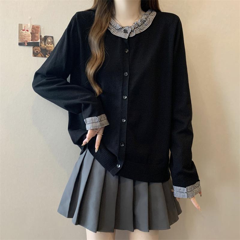 春 コーデ レディース ファッション オシャレ カワイイ シンプル きれいめ ナチュラル 上品カジュアル 婦人服 フリル ブラック ニット カーディガン ジャケット 大きいサイズ スリムトップス ｜リコット