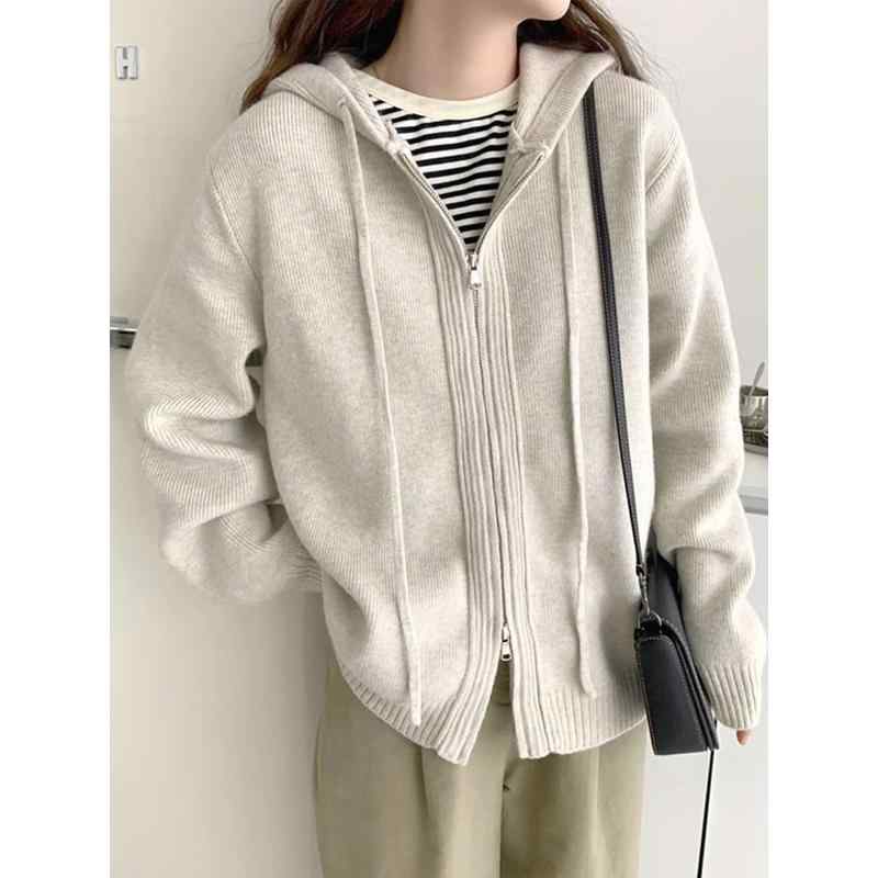 春 コーデ レディース ファッション オシャレ カワイイ シンプル きれいめ ナチュラル 上品カジュアル 婦人服 ゆったり ジッパー トップス アウター セーター カーディガン フード付き ジャケット