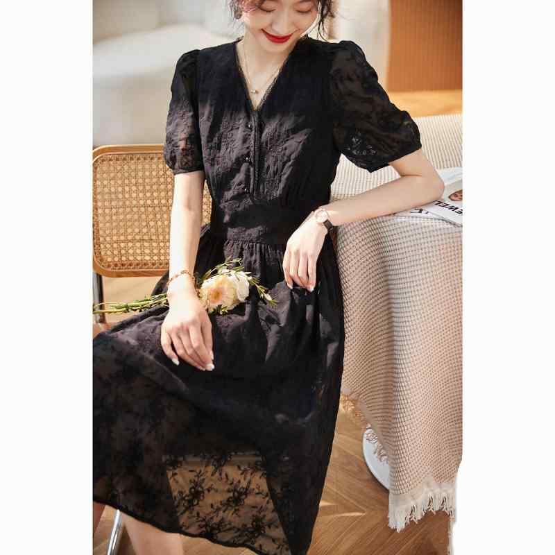 春 コーデ レディース ファッション オシャレ カワイイ シンプル きれいめ ナチュラル 上品カジュアル 婦人服 フレンチ クラシック ドレス レース 夏 Vネック ジャカード スリム ブラック