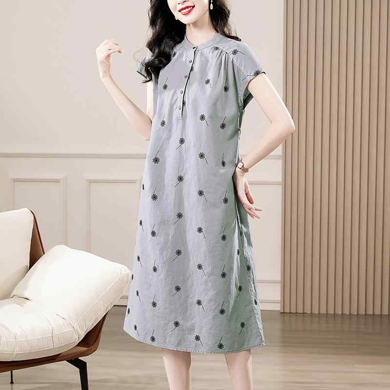 春 コーデ レディース ファッション オシャレ カワイイ シンプル きれいめ ナチュラル 上品カジュアル 婦人服 リネン 半袖 ワンピース 夏 ハイエンド コットンリネン ミドル丈 スカート