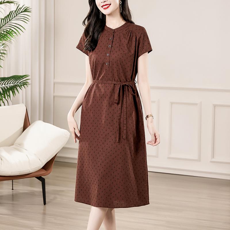 春 コーデ レディース ファッション オシャレ カワイイ シンプル きれいめ ナチュラル 上品カジュアル 婦人服 クラシック 半袖 リネン ワンピース 夏 ドット ウエスト ミドル丈 スカート
