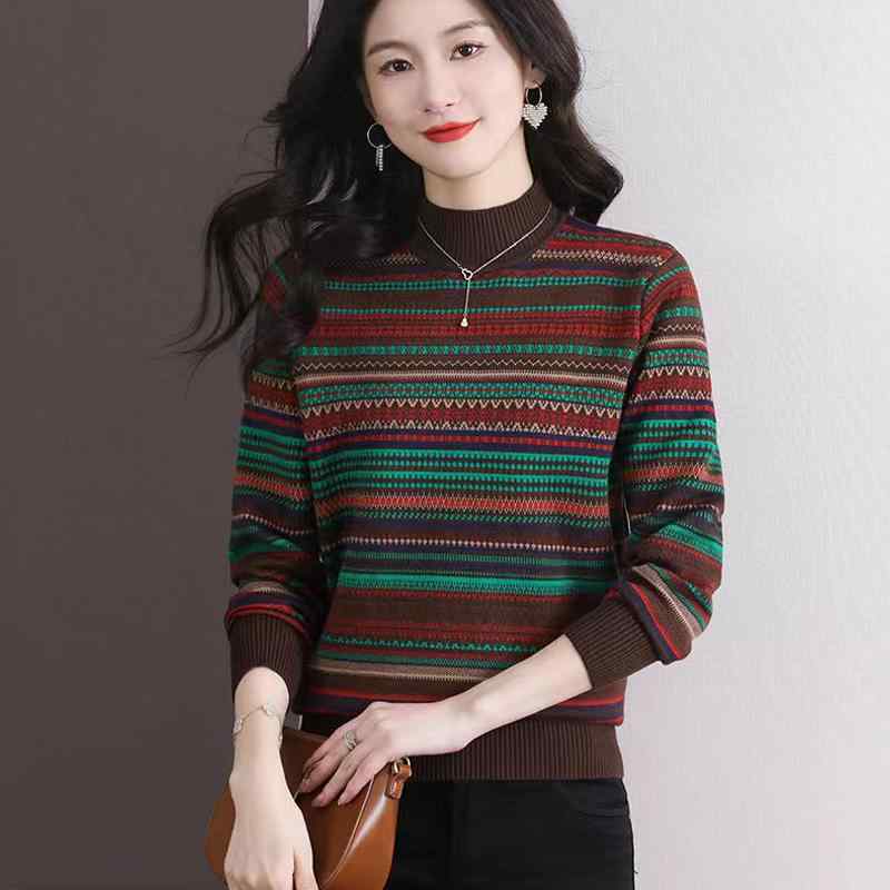 春 コーデ レディース ファッション オシャレ カワイイ シンプル きれいめ ナチュラル 上品カジュアル 婦人服 セーター ハーフ タートルネック カラフル ストライプ シャツ スタイリッシュ トップス