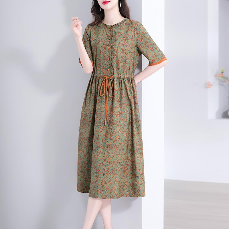 春 コーデ レディース ファッション オシャレ カワイイ シンプル きれいめ ナチュラル 上品カジュアル 婦人服 グリーン 花柄 ワンピース クラシック 夏 ロング スカート