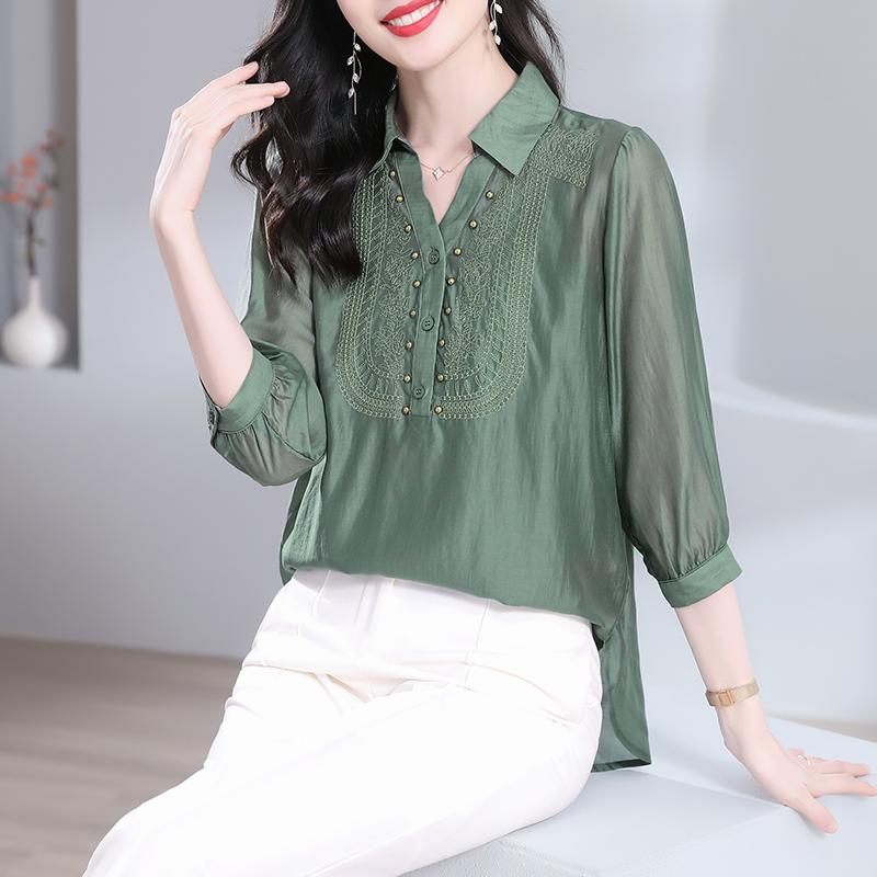 春 コーデ レディース ファッション オシャレ カワイイ シンプル きれいめ ナチュラル 上品カジュアル 婦人服 スリム テンセル シャツ トップス グリーン|リコット