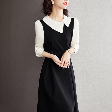 春 コーデ レディース ファッション オシャレ カワイイ シンプル きれいめ ナチュラル 上品カジュアル 婦人服 ホワイト カラー カレッジ ドール ミドル丈 長袖 ドレス