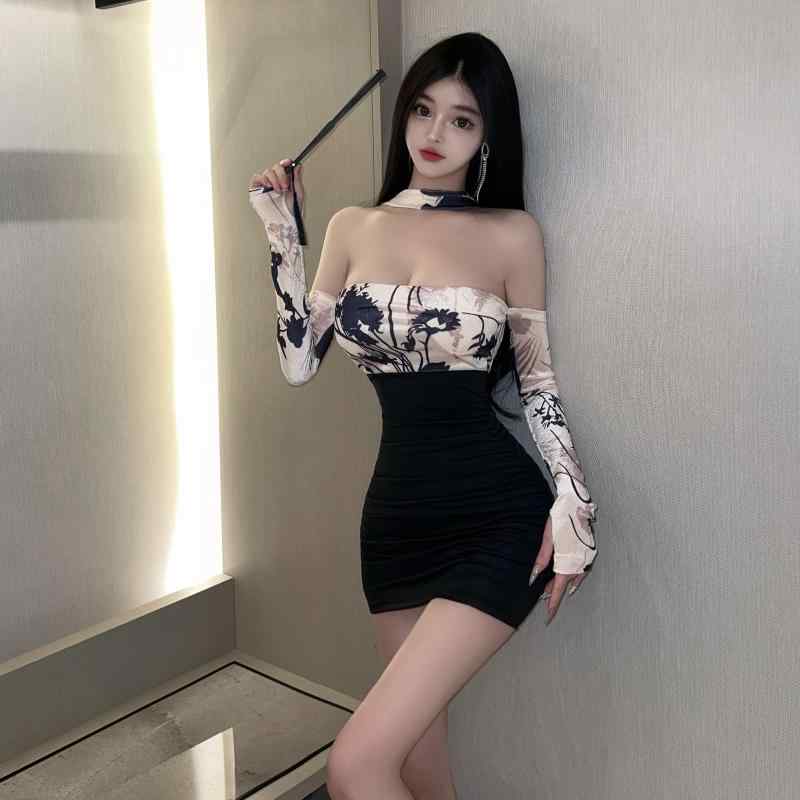 春 コーデ レディース ファッション オシャレ カワイイ シンプル きれいめ ナチュラル 上品カジュアル 婦人服 ベルベット プリント タイト スカート チューブ トップス ドレス