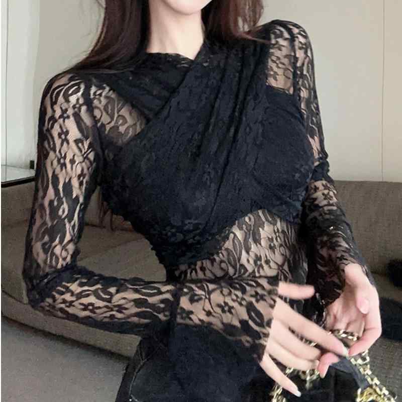春 コーデ レディース ファッション オシャレ カワイイ シンプル きれいめ ナチュラル 上品カジュアル 婦人服 インナー セクシー レース トップス ハイエンド トランペット スリーブ 黒 スリム 長袖 ブラウス