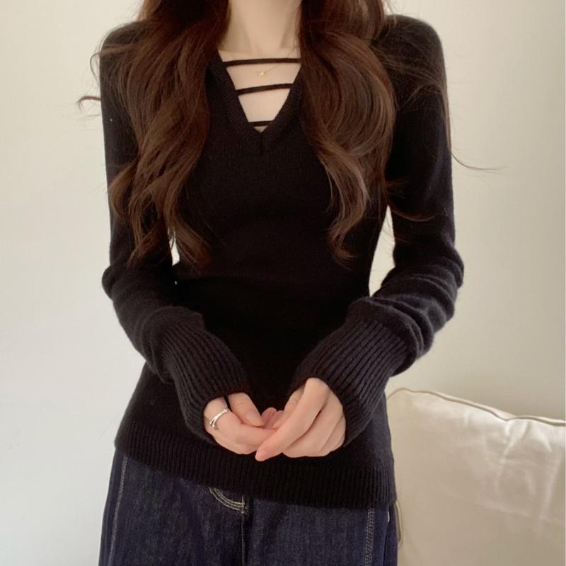 春 コーデ レディース ファッション オシャレ カワイイ シンプル きれいめ ナチュラル 上品カジュアル 婦人服 ウール Vネック セーター セクシー 防寒 インナーウェア スリム ボトム 長袖 トップス