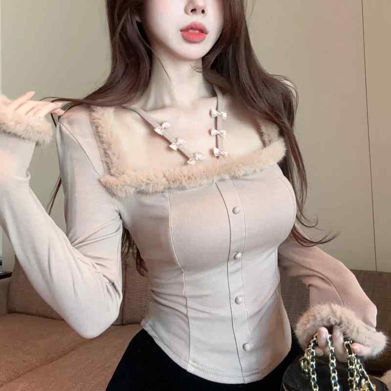 春 コーデ レディース ファッション オシャレ カワイイ シンプル きれいめ ナチュラル 上品カジュアル 婦人服 スクエアネック リボン ホルターネック 長袖 Tシャツ ファー トップス
