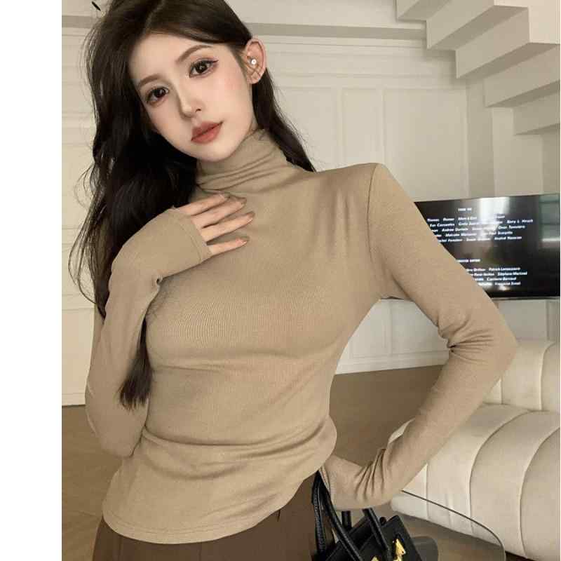 春 コーデ レディース ファッション オシャレ カワイイ シンプル きれいめ ナチュラル 上品カジュアル 婦人服 ハイネック スリム 長袖 Tシャツ タイト インナーウェア レイヤリング トップス