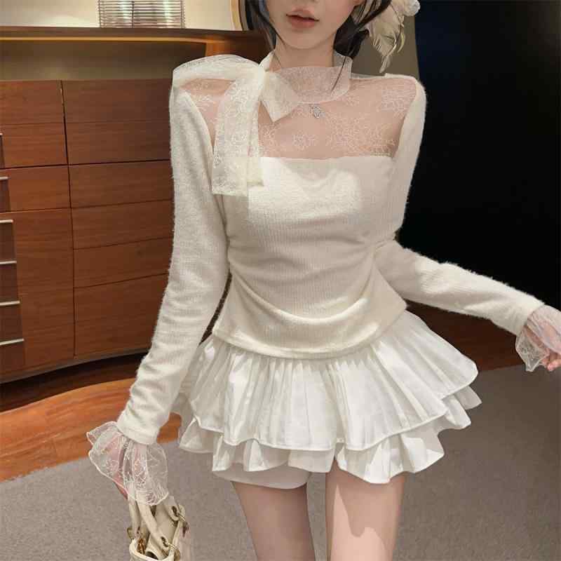 春 コーデ レディース ファッション オシャレ カワイイ シンプル きれいめ ナチュラル 上品カジュアル 婦人服 フレンチ レース ニット スリーブ トップス 長袖 シャツ スーツ