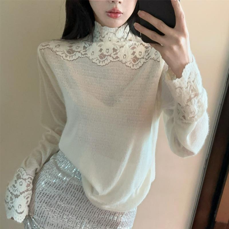 春 コーデ レディース ファッション オシャレ カワイイ シンプル きれいめ ナチュラル 上品カジュアル 婦人服 レース ハイネック 長袖 レイヤリング シャツ ハイエンド トップス ゆったり T