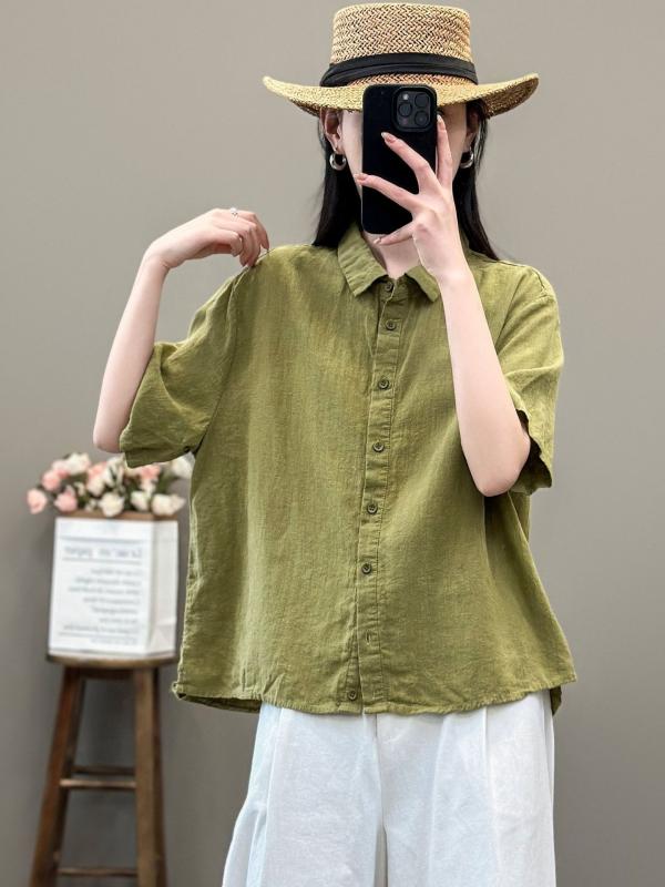 シャツ レディース レトロ 麻素材 夏 通勤ウェア 綿麻 五分袖 トップス 女性用 シンプル カジュアル 羽織り 涼しい 通勤着 普段使い