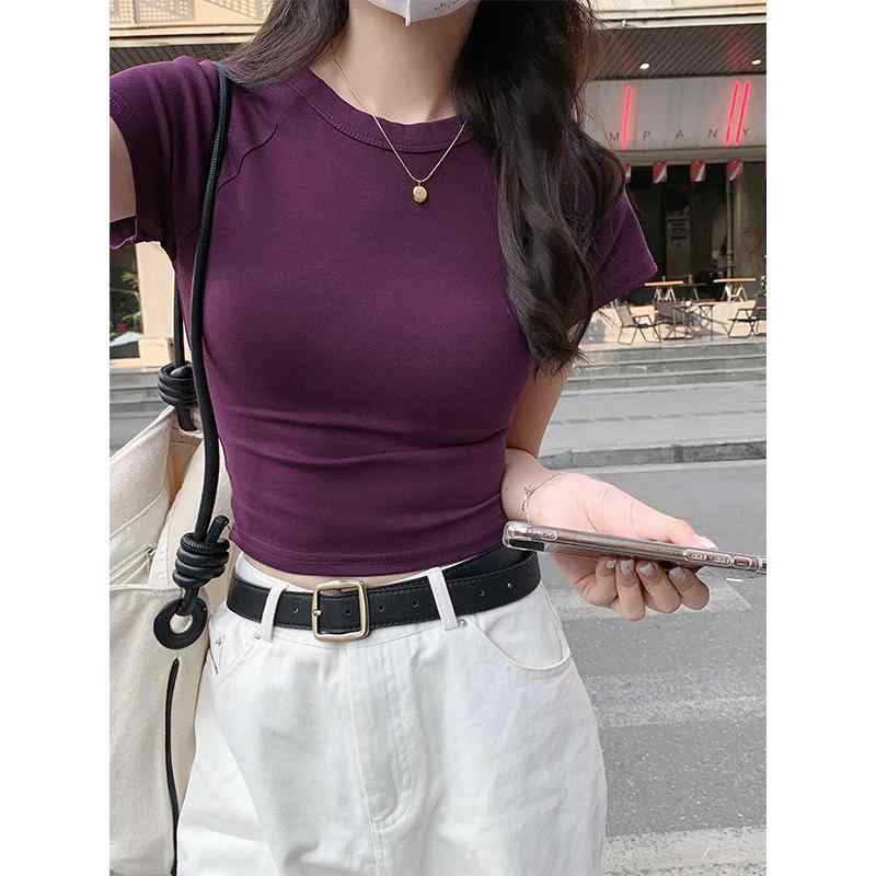 春 コーデ レディース ファッション オシャレ カワイイ シンプル きれいめ ナチュラル 上品カジュアル 婦人服 半袖 Tシャツ 夏 スリムフィット ラウンドネック ハイエンド ショルダー トップス カジュアル 服