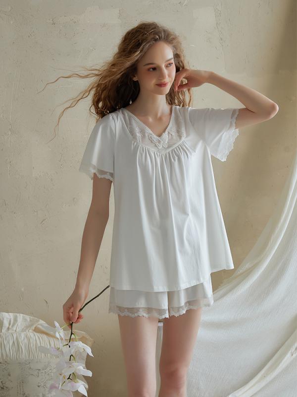 レディース ファッション 服 オシャレ カワイイ 女性用 シンプル フレンチ プリンセス 半袖 パンツ パジャマ ゆったり ホームウェア 服 スーツ 薄手