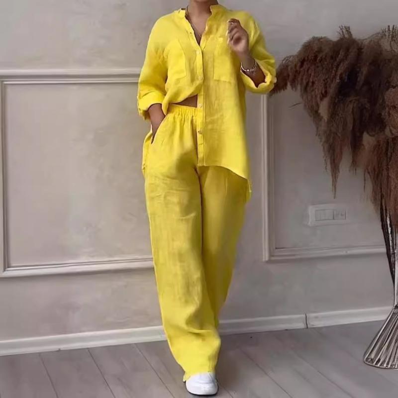 レディース セットアップ シャツ ブラウス パンツ 綿　麻 トップス インナー カジュアル レジャー 普段使い 通勤ウェア 軽量 伸縮性 ストレッチ ゆったり シルエット ハイウエスト リラックスフィット