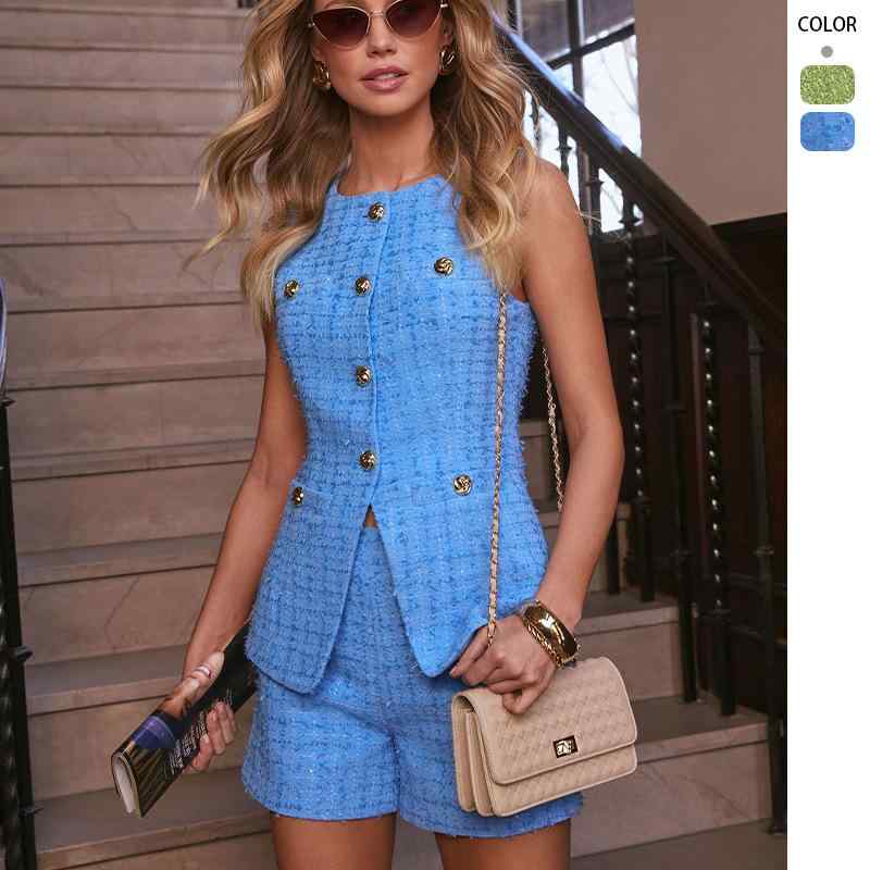 ノースリーブ 女性物 レディース ショートパン セット ツイード テクスチャー トップス インナー かわいい オールシーズン 通勤ウェア 普段使い カジュアル 軽量 伸縮性 ストレッチ