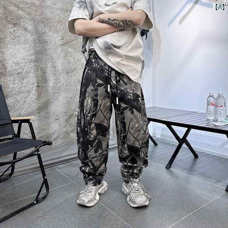 メンズ ファッション オシャレ 男性用 シンプル 大人 かっこいい カジュアル ストリート ヒップホップ HipHop レトロ モップ パンツ 春夏 パリ ルーズ ストレート レッグ ダメージ加工 スポーツ パンツ｜リコット