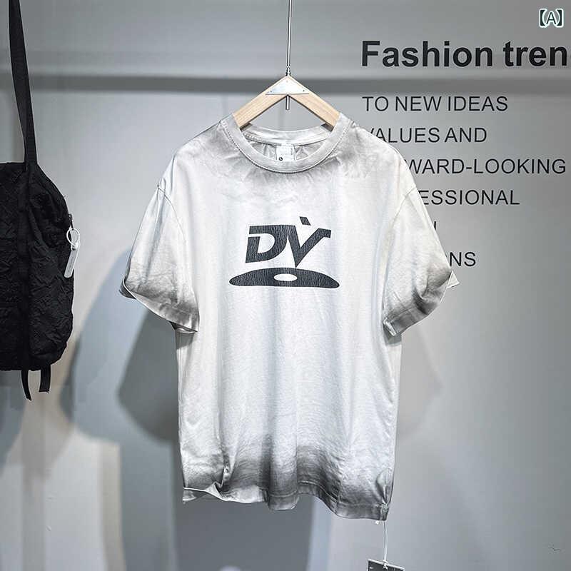 メンズ ファッション オシャレ 男性用 シンプル 大人 かっこいい カジュアル ストリート ヒップホップ HipHop アメカジ ルーズ オールド 半袖 T シャツ レター プリント ネック ラ ヘビーウェイト T シャツ トップス