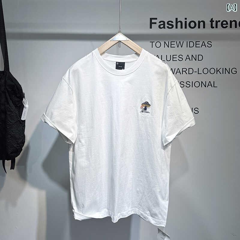メンズ ファッション オシャレ 男性用 シンプル 大人 かっこいい カジュアル ストリート ヒップホップ HipHop 夏 半袖 ヘビー 刺繍 ラウンドネック 半袖 T シャツ コットン ボトリング シャツ