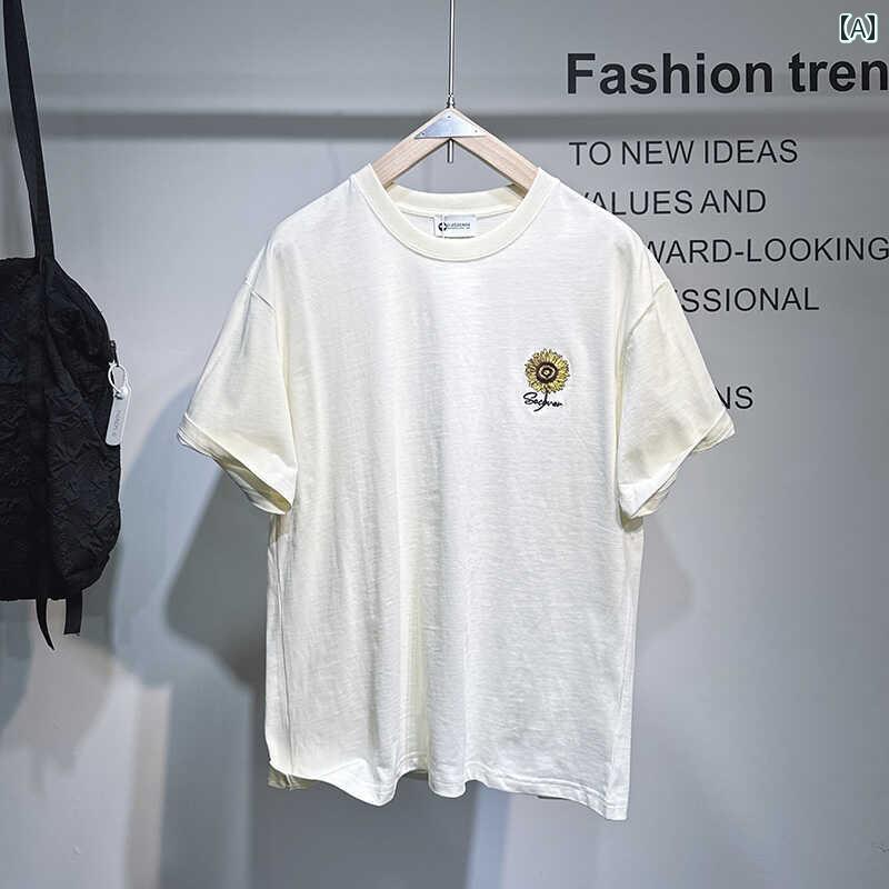 メンズ ファッション オシャレ 男性用 シンプル 大人 かっこいい カジュアル ストリート ヒップホップ HipHop 刺繍入り ヘビーウェイト 綿 半袖 T シャツ T シャツ 夏 ルーズ 半袖 トップス
