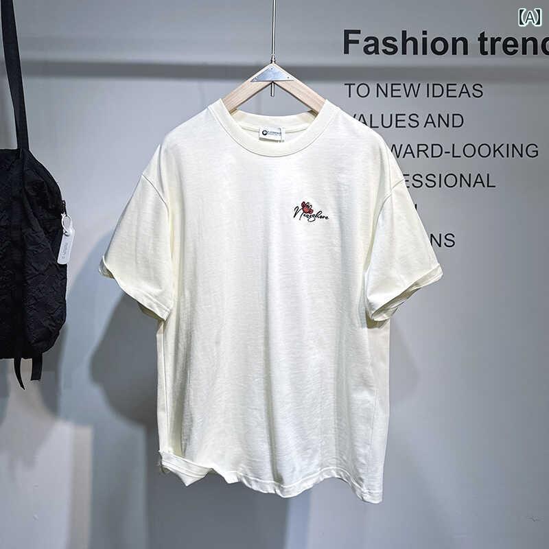 メンズ ファッション オシャレ 男性用 シンプル 大人 かっこいい カジュアル ストリート ヒップホップ HipHop 夏 半袖 レター 刺繍 半袖 T シャツ アメカジ ルーズ 半袖 T シャツ