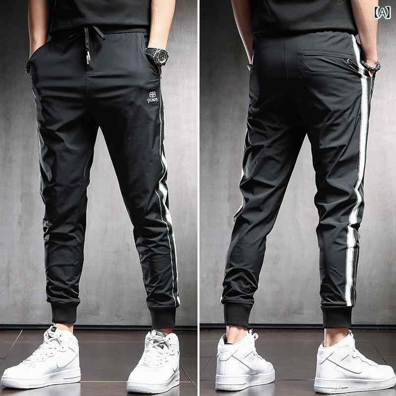 メンズ ファッション オシャレ 男性用 シンプル 大人 かっこいい カジュアル ストリート ヒップホップ HipHop ブラック アイスシルク パンツ 夏 薄型 スリム パンツ 速乾 ストライプ スポーツ パンツ